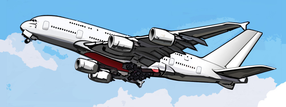 jumbo jet in air with landing gear down